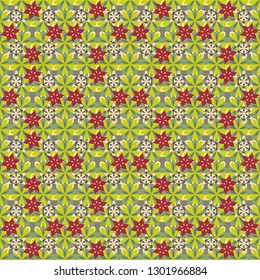 Vector flowers pattern. Seamless colorful flowers painting in gray, yellow and red colors.
