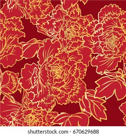 Vector flowers peonies, gillyflowers with leaves, branches of gold foil on a black background. Seamless vector floral pattern. Vintage art for tissue, paper. Hand drawing style Oriental engravings.