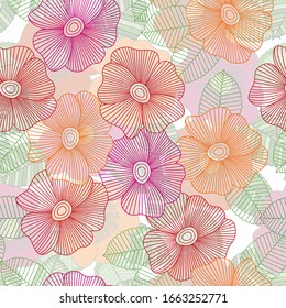Vector Flowers in Pink Orange Red with Green Leaves on Colorful Background Seamless Repeat Pattern. Background for textiles, cards, manufacturing, wallpapers, print, gift wrap and scrapbooking.