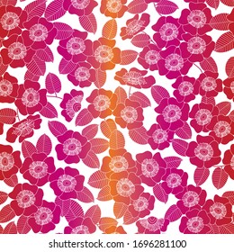 Vector Flowers in Pink Orange Red Ombre Silhouettes on White Background Seamless Repeat Pattern. Background for textiles, cards, manufacturing, wallpapers, print, gift wrap and scrapbooking.