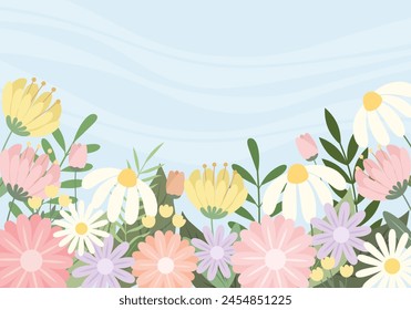 Vector flowers and plants designs in flat style abstract summer spring on blue background. Horizontal template for websites, event invitations, greeting cards, advertising banners. 