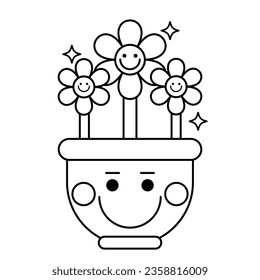 Flores vectoriales en una ilustración de la olla página Colorear para niños. imprimible.