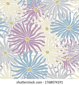 Vector Flowers in Purple Blue White Gray Scattered on White Background Seamless Repeat Pattern. Background for textiles, cards, manufacturing, wallpapers, print, gift wrap and scrapbooking.