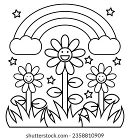 Vector flowers and rainbow illustration Coloring page for kids. printable.