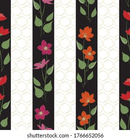 Vector Flowers in Red Orange Pink with Green Leaves on Black White Stripes Seamless Repeat Pattern. Background for textiles, cards, manufacturing, wallpapers, print, gift wrap and scrapbooking.