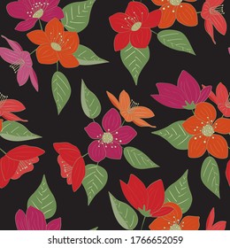 Flores vectoriales en rosa naranja rojo con hojas verdes dispersas en fondo negro patrón de repetición sin problemas. Antecedentes para textiles, tarjetas, manufactura, papel pintado, envoltura de regalo y reserva de chatarra.