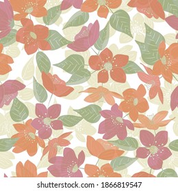 Flores vectoriales en rosa naranja rojo con hojas verdes dispersas en fondo blanco amarillo patrón de repetición sin problemas. Antecedentes de los textiles, las tarjetas, la fabricación, los papeles pintados, la impresión, la envoltura de regalo y