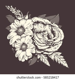 Vector Flowers. Rose and chamomile with leafs. Old fashioned style flowers art. Vintage floral illustration.