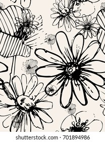 Vector flowers seamless pattern. Abstract print with brush strokes. Monochrome hand drawn texture. with white stripes background.