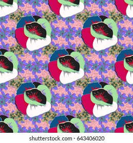 Vector flowers seamless pattern in beige and blue colors. Many cute flowers in ditsy style.