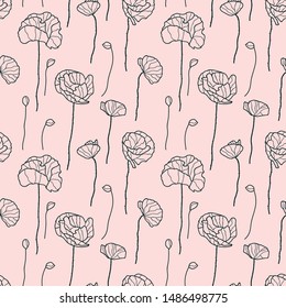 Vector flowers seamless pattern in black and pink. Simple doodle poppy flower hand drawn made into repeat. Great for background, wallpaper, wrapping paper, packaging, fashion.