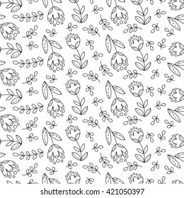 Vector flowers seamless pattern. Cute doodle print with flowers and leafs. Black and white floral print.