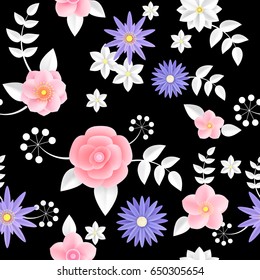 Vector flowers seamless pattern element. Elegant texture for backgrounds. 3D elements with shadows and highlights. Paper flowers.