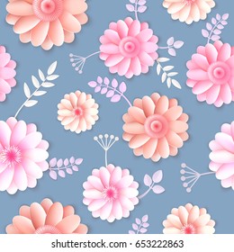 Vector flowers seamless pattern element. Elegant texture for backgrounds. 3D elements with shadows and highlights. Paper flowers.
