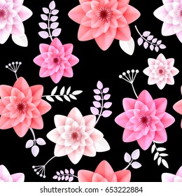 Vector flowers seamless pattern element. Elegant texture for backgrounds. 3D elements with shadows and highlights. Paper flowers.