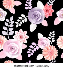 Vector flowers seamless pattern element. Elegant texture for backgrounds. 3D elements with shadows and highlights. Paper flowers.