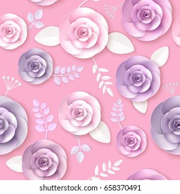 Vector flowers seamless pattern element. Elegant texture for backgrounds. 3D elements with shadows and highlights. Paper flowers.