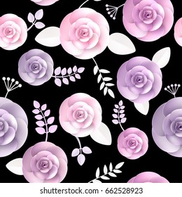 Vector flowers seamless pattern element. Elegant texture for backgrounds. 3D elements with shadows and highlights. Paper flowers.