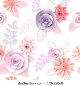 Vector flowers seamless pattern element. Elegant texture for backgrounds. 3D elements with shadows and highlights. Paper flowers.