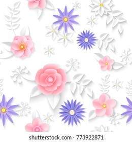 Vector flowers seamless pattern element. Elegant texture for backgrounds. 3D elements with shadows and highlights. Paper flowers.