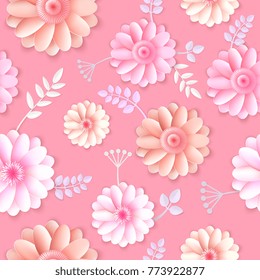 Vector flowers seamless pattern element. Elegant texture for backgrounds. 3D elements with shadows and highlights. Paper flowers.