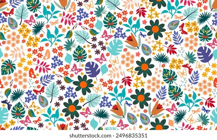 Vector Flowers Seamless Pattern. Floral Motif. Creative Floral Design with Wild Flowers and Leaves Branches. Colorful Botanical Pattern Folklore Style.