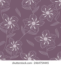 Vector flowers seamless pattern, line illustration, pencil drawing. Black and white floral pattern with flowers. Line art illustration.