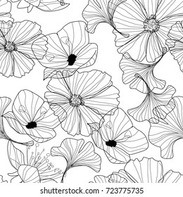 Vector flowers seamless pattern, line illustration, pencil drawing. Black and white floral pattern with flowers. Line art illustration. Floral pattern for invitations, wallpapers, print gift wrap