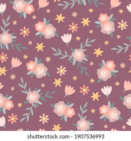 vector flowers seamless pattern. pastel colors. purple and pink bloom