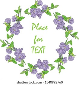 Vector flowers set. Beautiful wreath with violet eustoma. Elegant floral collection,, hand drawn, botanical doodle. Design for invitation, wedding or greeting cards