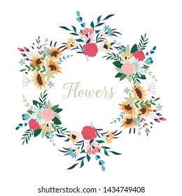 Vector flowers set. Beautiful wreath. Elegant floral collection with isolated blue,pink leaves and flowers, hand drawn. Design for invitation, wedding or greeting cards. Wedding concept.