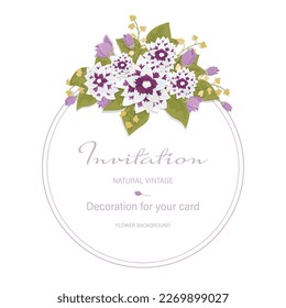 Flores vectoriales puestas. Hermosa corona. Elegante colección floral con flores violetas aisladas, hojas verdes. Se puede usar para imprimir, banner, anunciar, saludar, cumpleaños o aniversario de boda.