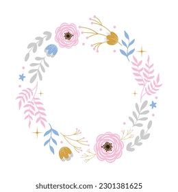 Flores vectoriales puestas. Hermosa corona. Elegante colección floral de hojas azules, grises rosadas y flores. Diseño para tarjetas de invitación, boda o saludo. Arte de circulo rosa de marco vectorial floral