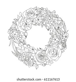 Vector flowers set. Beautiful wreath. Elegant floral collection with isolated leaves and flowers. Hand drawn design for invitation, wedding or greeting cards.