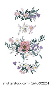 Vector flowers set. Colorful floral collection with leaves and flowers, drawing watercolor.Design for invitation, wedding or greeting cards.