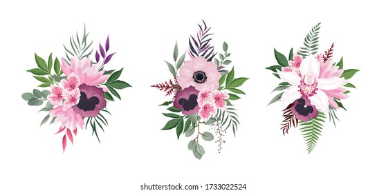 Vector flowers set. Colorful floral collection with leaves and flowers. Vector Flower bouquet.