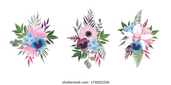 Vector flowers set. Colorful floral collection with leaves and flowers. Vector Flower bouquet.