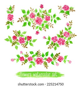 Vector flowers set. Colorful  floral collection with leaves and flowers, drawing watercolor. Spring or summer design for invitation, wedding or greeting cards
