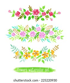 Vector flowers set. Colorful floral collection with leaves and flowers, drawing watercolor. Spring or summer design for invitation, wedding or greeting cards