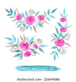 Vector flowers set. Colorful floral collection with leaves and flowers, drawing watercolor. Spring or summer design for invitation, wedding or greeting cards