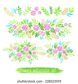 Vector flowers set. Colorful floral collection with leaves and flowers, drawing watercolor. Spring or summer design for invitation, wedding or greeting cards
