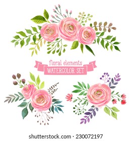 Vector flowers set. Colorful floral collection with leaves and flowers, drawing watercolor. Spring or summer design for invitation, wedding or greeting cards