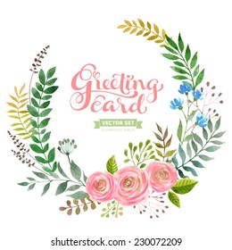 Vector flowers set. Colorful floral collection with leaves and flowers, drawing watercolor. Spring or summer design for invitation, wedding or greeting cards