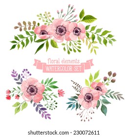 Vector flowers set. Colorful floral collection with leaves and flowers, drawing watercolor. Spring or summer design for invitation, wedding or greeting cards
