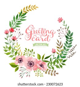 Vector flowers set. Colorful floral collection with leaves and flowers, drawing watercolor. Spring or summer design for invitation, wedding or greeting cards