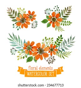 Vector flowers set. Colorful floral collection with leaves and flowers, drawing watercolor. Spring or summer design for invitation, wedding or greeting cards