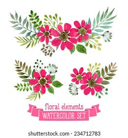 Vector flowers set. Colorful floral collection with leaves and flowers, drawing watercolor. Spring or summer design for invitation, wedding or greeting cards