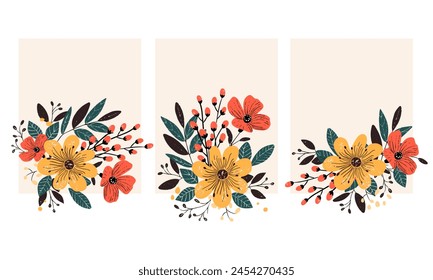 Vector flowers set. Colorful floral collection with leaves and flowers hand drawn. Spring or summer design for invitation, wedding or greeting cards