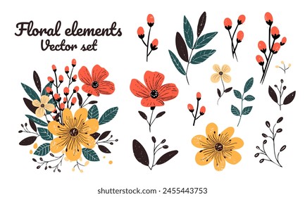 Conjunto de Vector. Colección floral colorida con hojas y flores dibujadas a mano. Diseño de primavera o verano para invitación, boda o tarjetas de felicitación