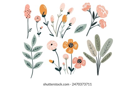 Vector flowers set. Colorful floral collection with leaves and flowers hand drawn. Spring or summer design for invitation, wedding or greeting cards